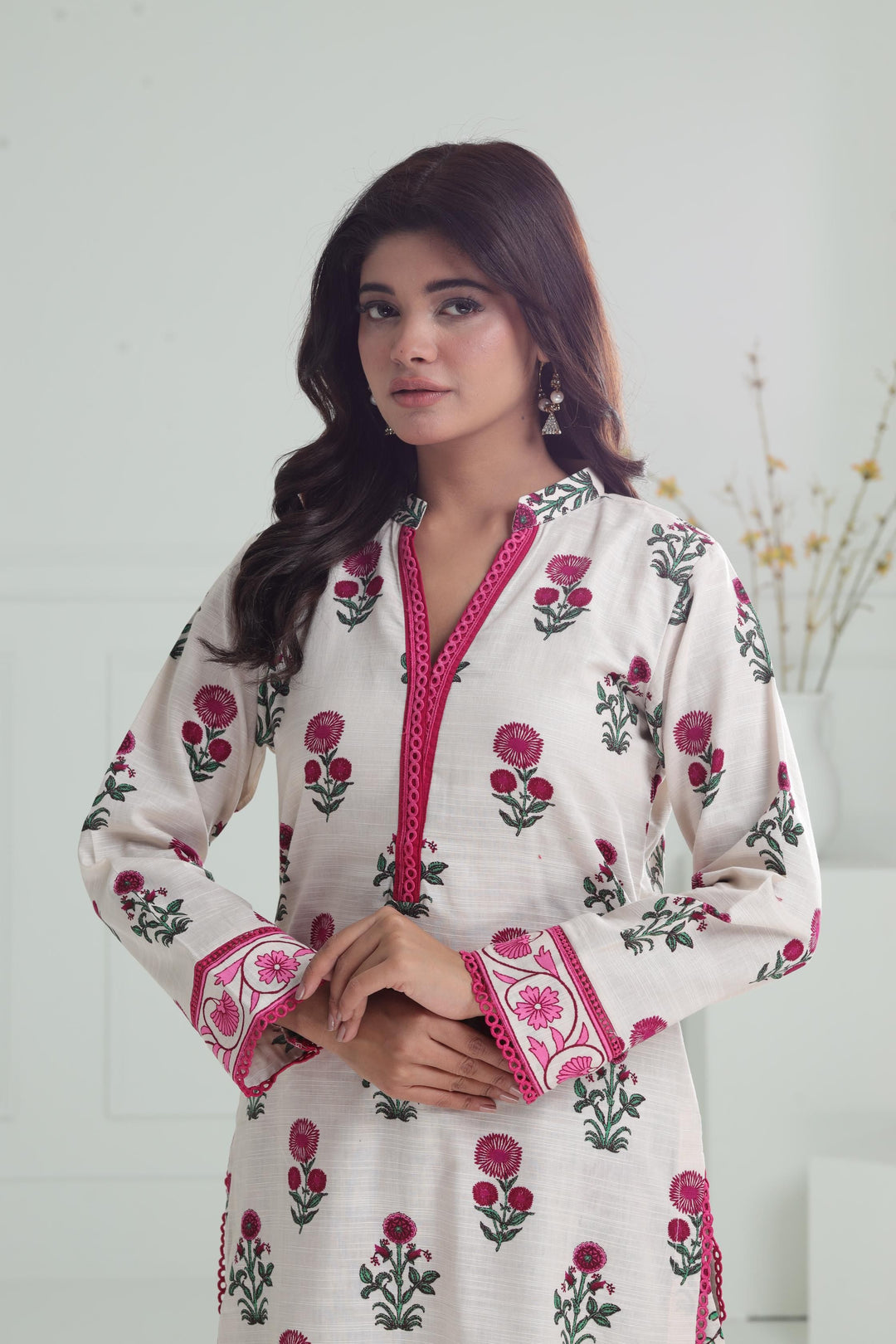 Printed Khaddar Cream Stitched Suit - Alkaram