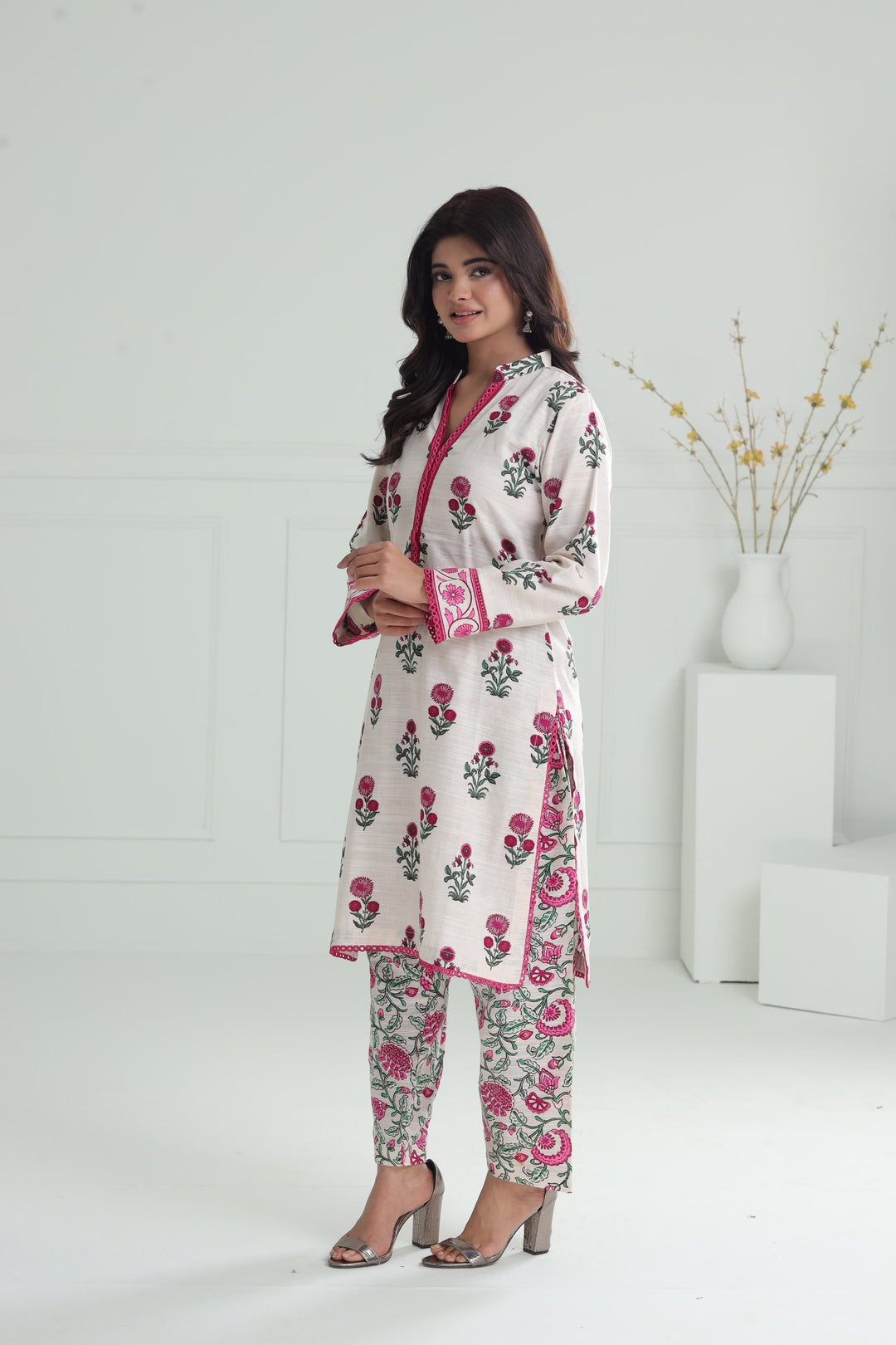 Printed Khaddar Cream Stitched Suit - Alkaram