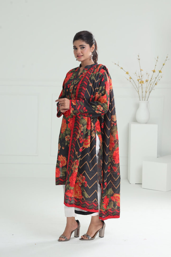Printed Khaddar Black Stitched Suit - Alkaram