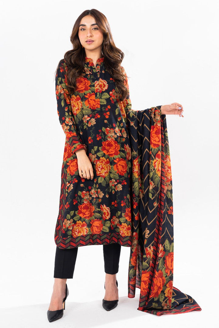 Printed Khaddar Black Stitched Suit - Alkaram