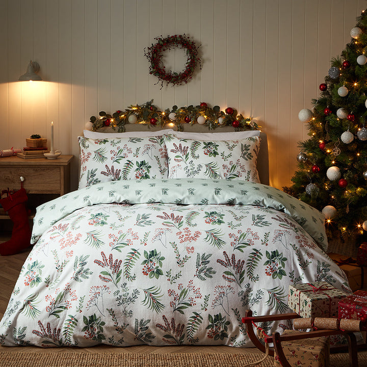 Vantona Essentials Range Festive Sprigs Flannelette Duvet Cover Set - Multi
