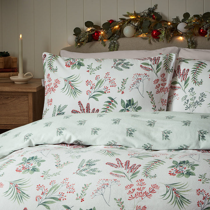 Vantona Essentials Range Festive Sprigs Flannelette Duvet Cover Set - Multi