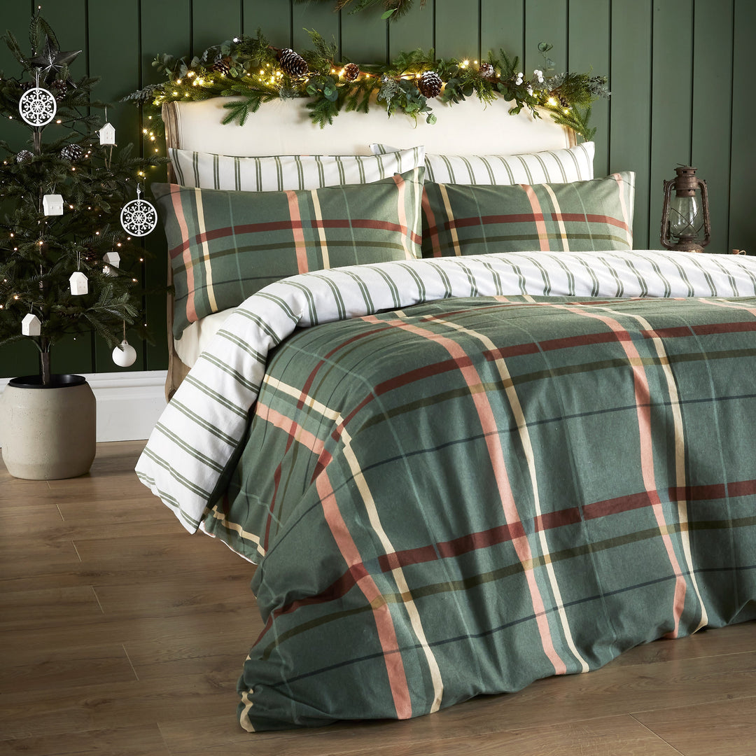 Vantona Essentials Range Brushed Plaid Duvet Cover Set - Green