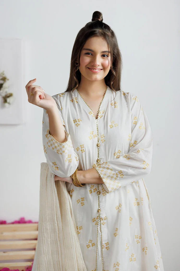 Cotton Lawn White & Gold Stitched Suit - Senorita