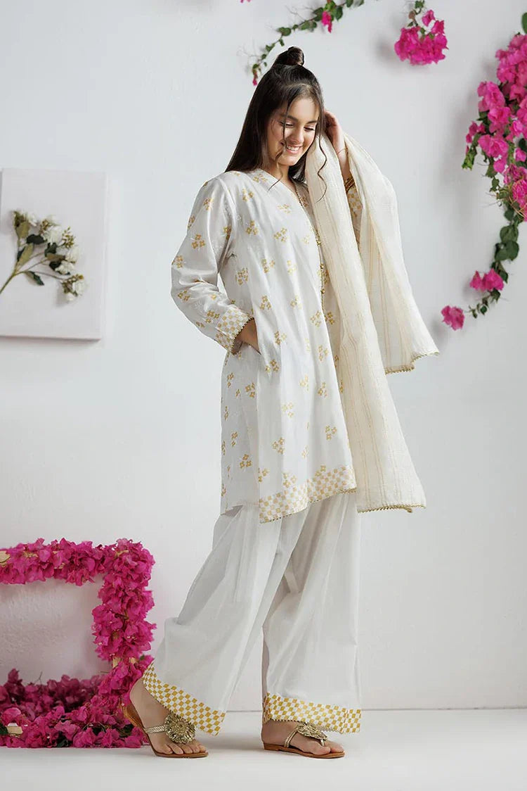 Cotton Lawn White & Gold Stitched Suit - Senorita