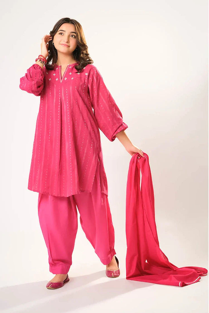 Cotton Karandi Dobby Shocking Pink Stitched Suit - Senorita