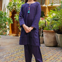 Dobby Cotton Embellished Navy Blue Stitched Suit - Ochre