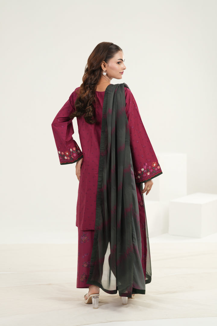 Embroidered Lawn Magenta Stitched Suit - Iznik