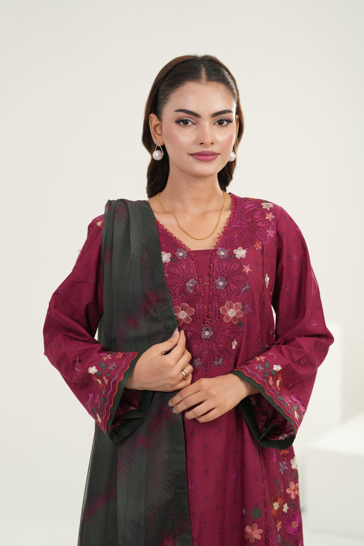Embroidered Lawn Magenta Stitched Suit - Iznik