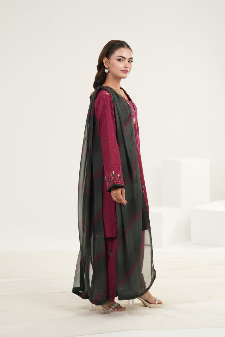 Embroidered Lawn Magenta Stitched Suit - Iznik