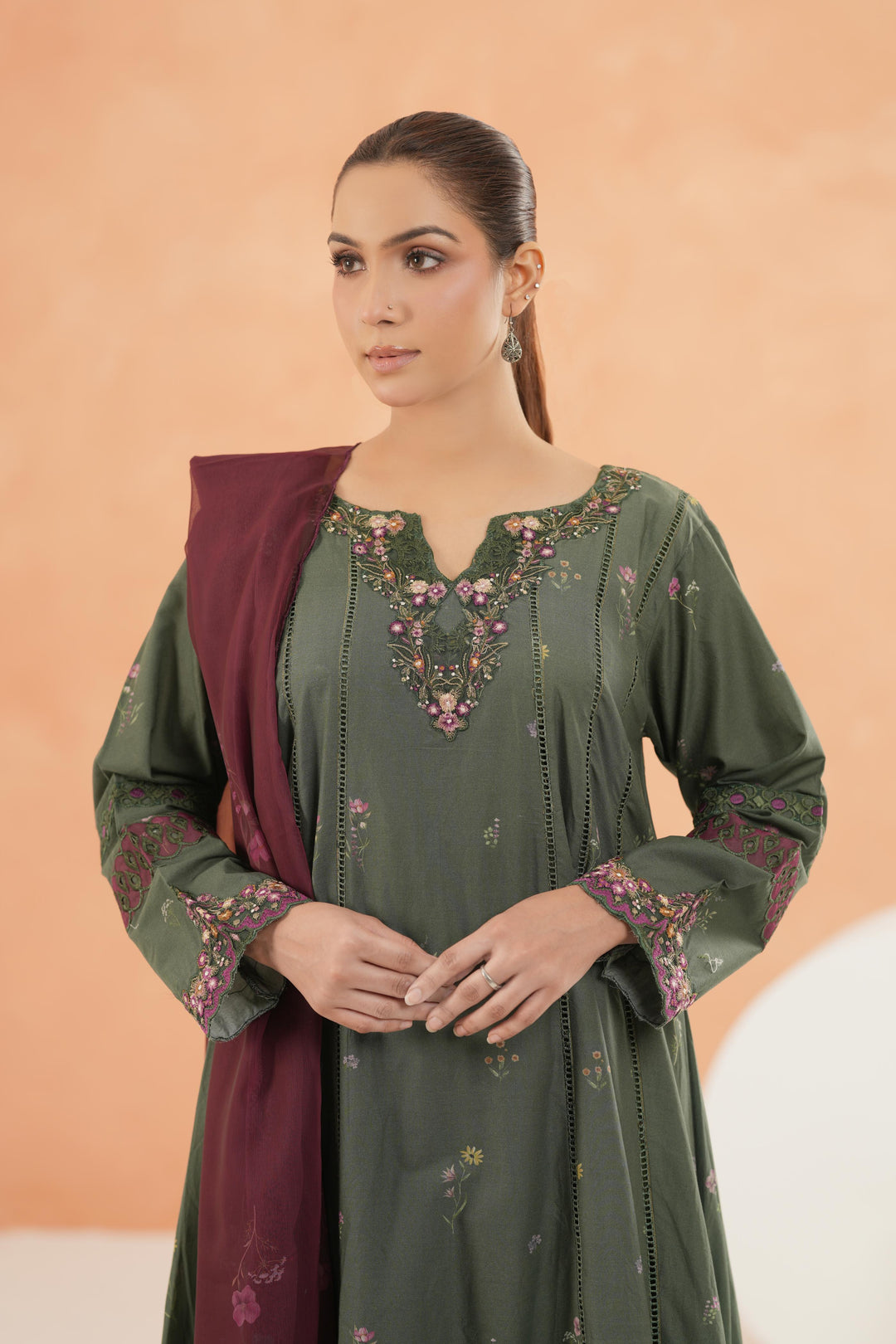 Embroidered Lawn Bottle Green Stitched Suit - Iznik