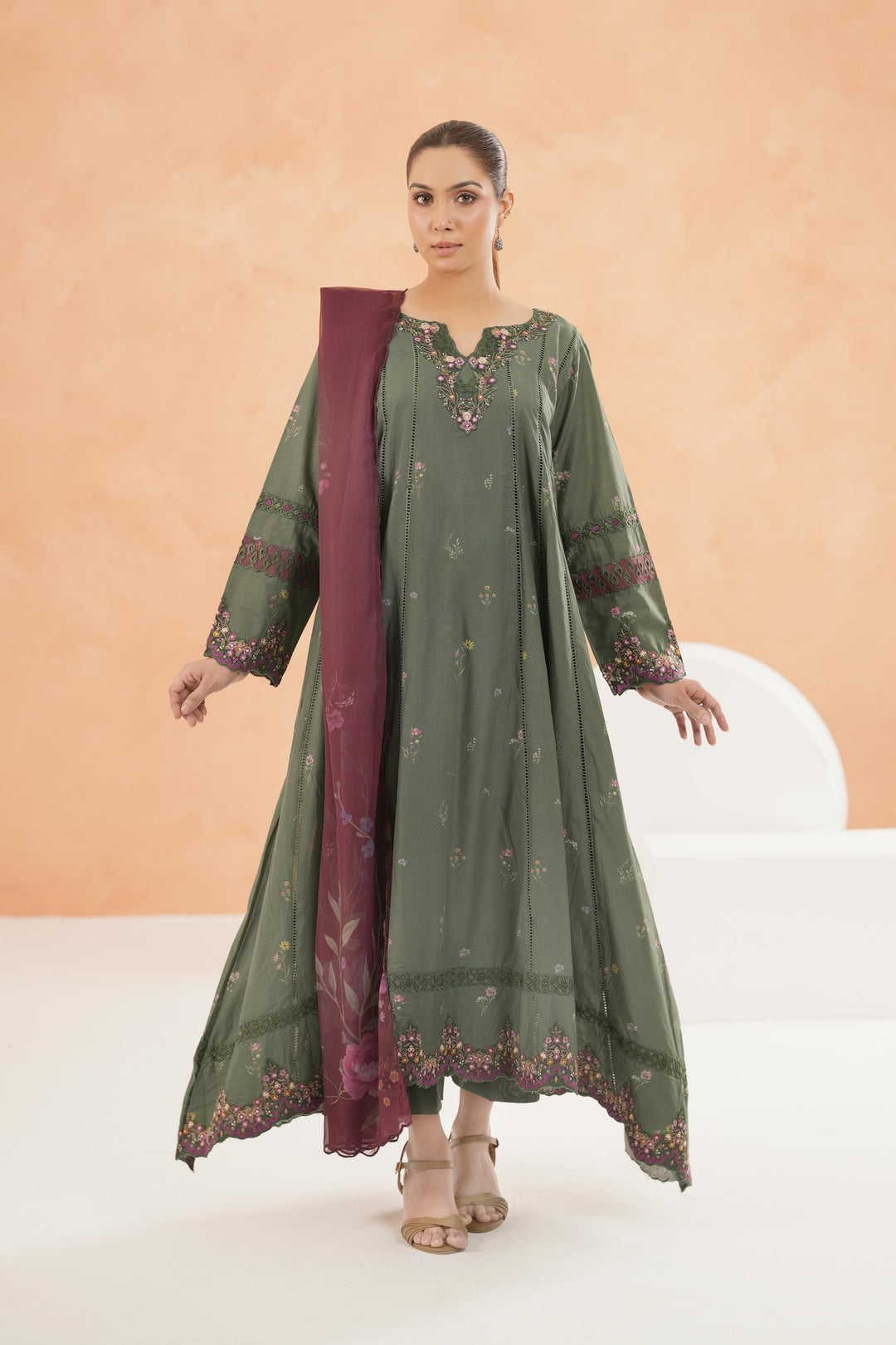 Embroidered Lawn Bottle Green Stitched Suit - Iznik