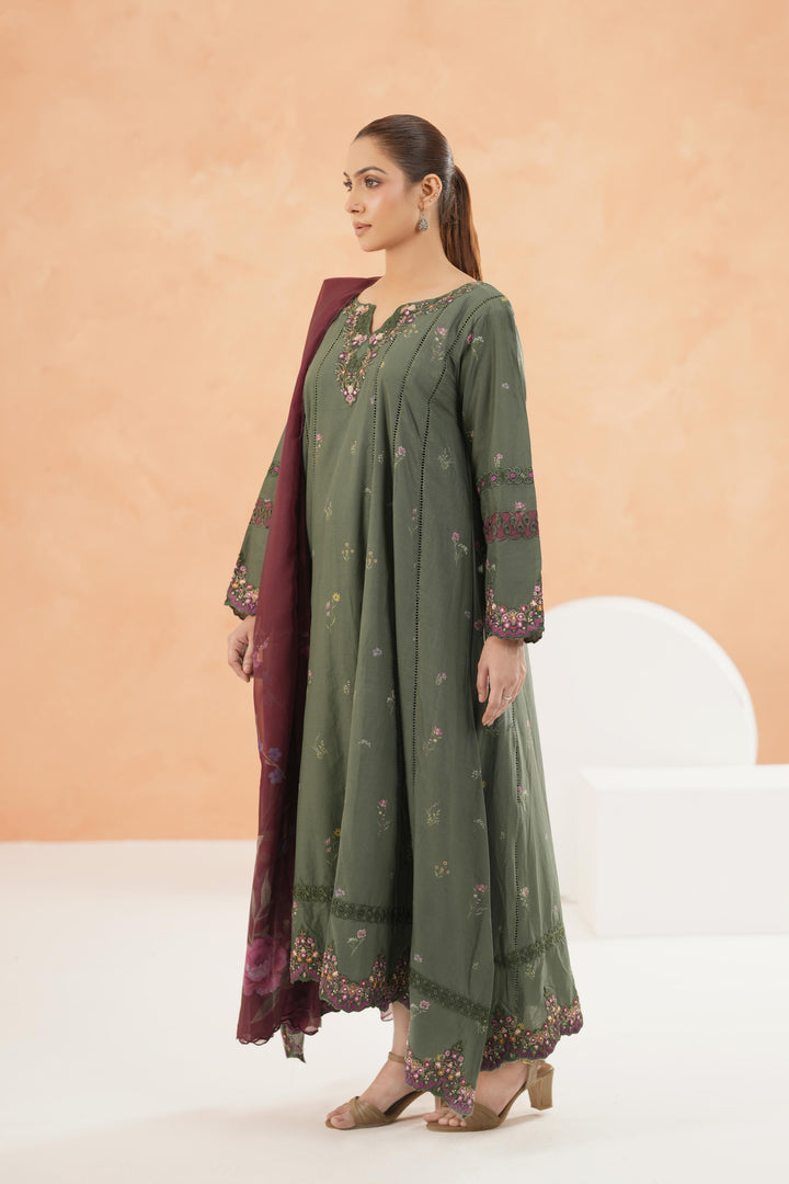 Embroidered Lawn Bottle Green Stitched Suit - Iznik