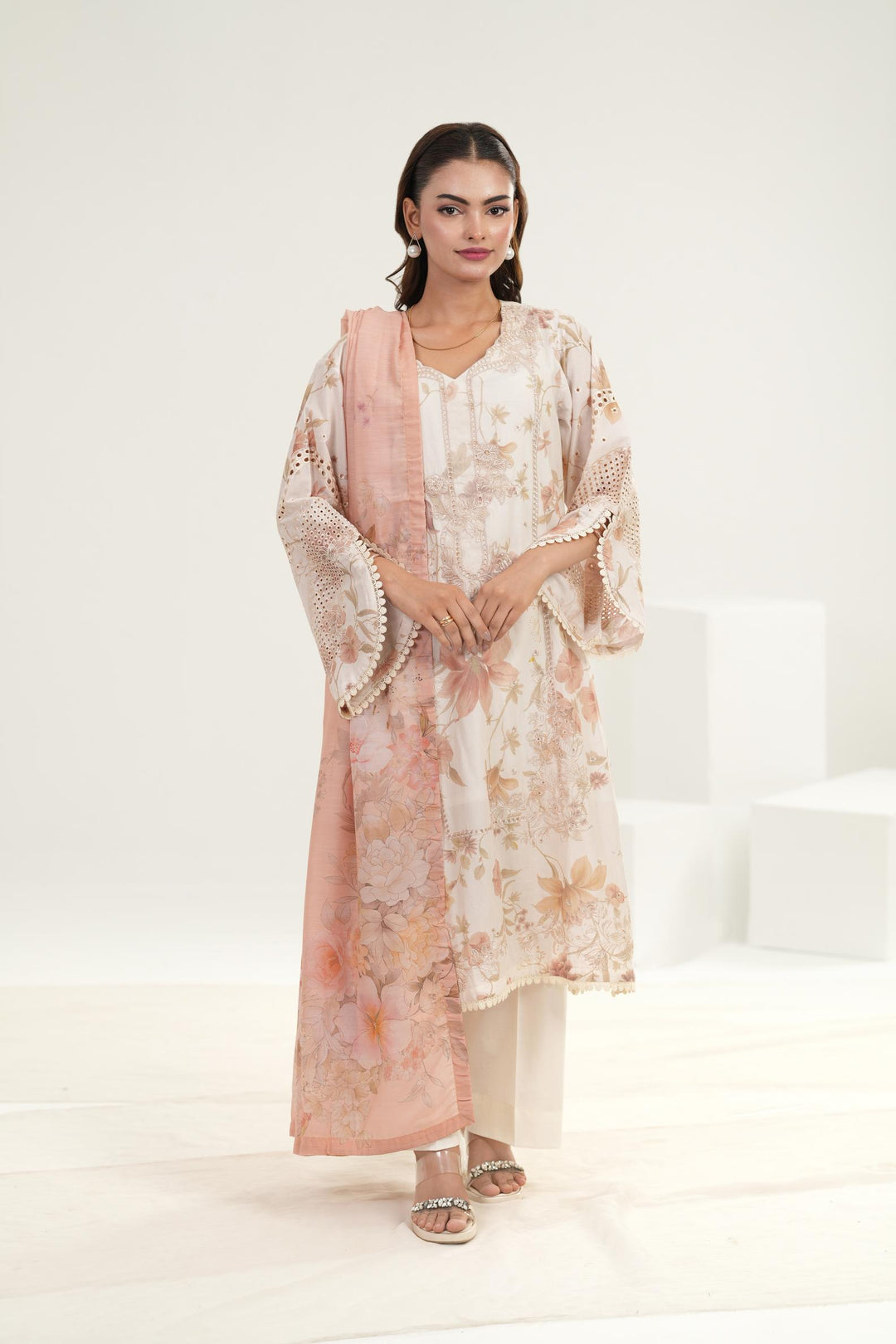 Embroidered Lawn Dusty Peach Stitched Suit - Iznik