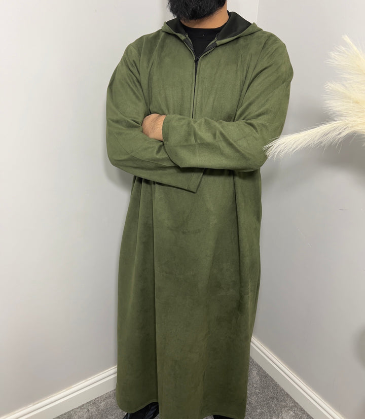 Premium Hooded Suede Thobe Khaki Green - Jiah