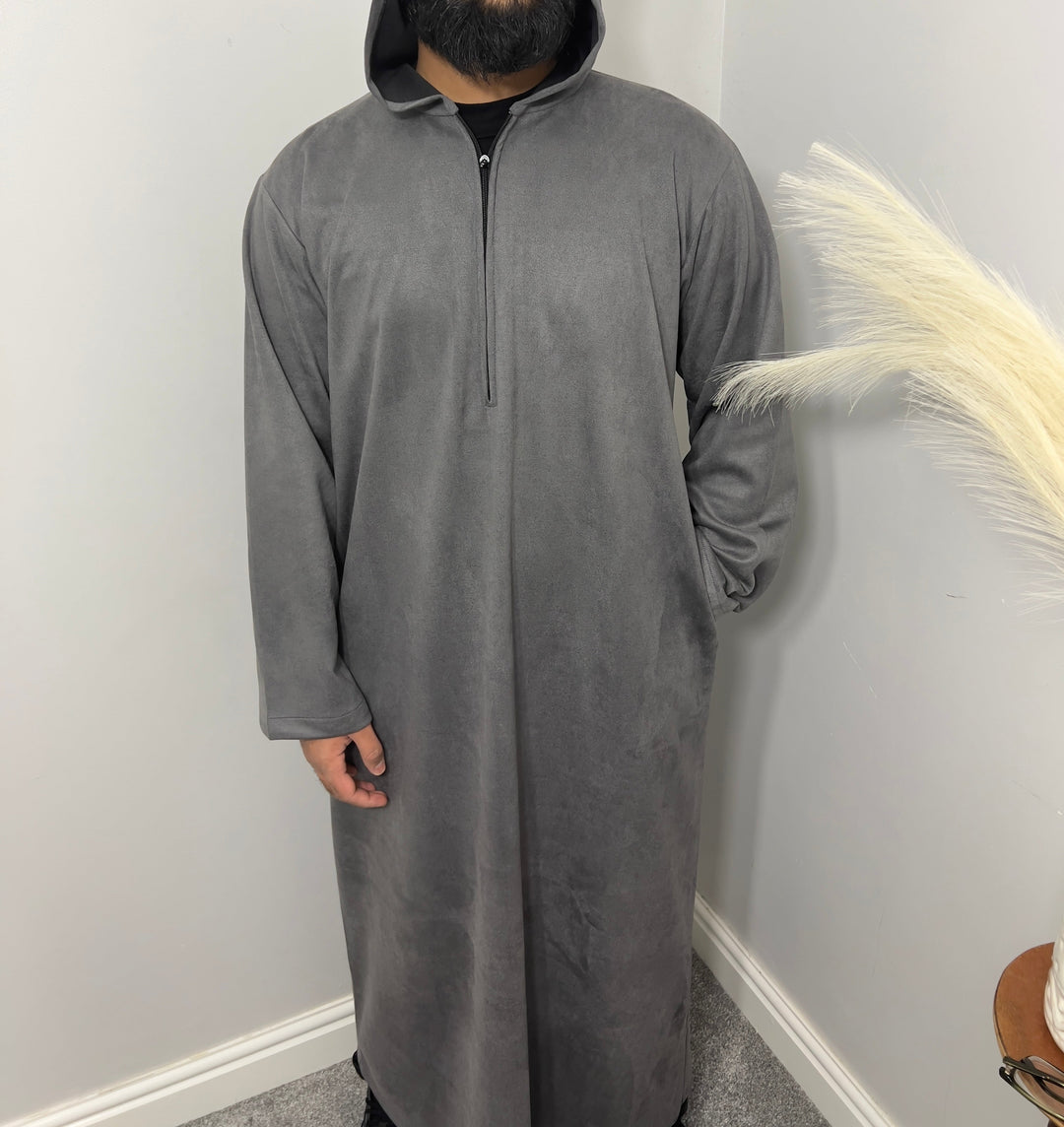 Premium Hooded Suede Grey Thobe - Jiah