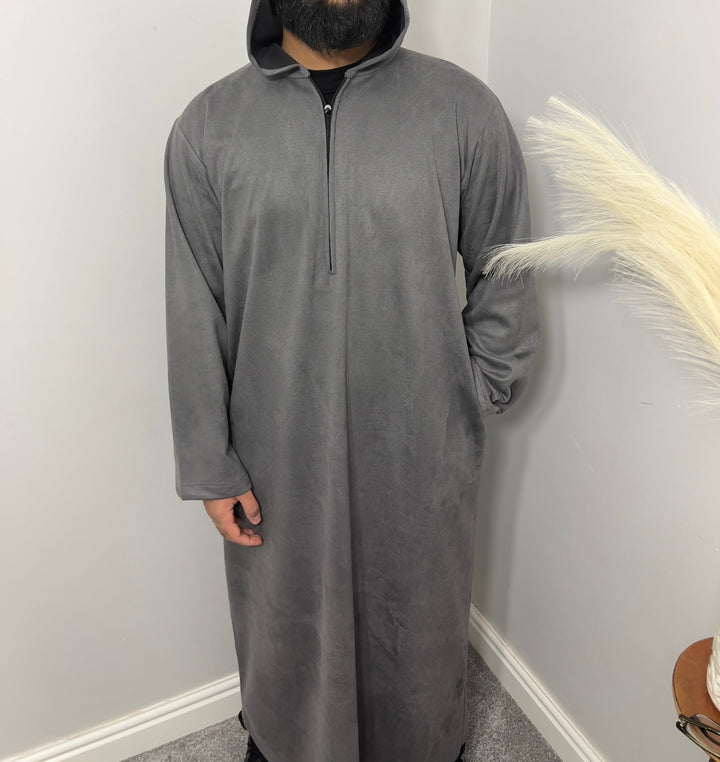 Premium Hooded Suede Grey Thobe - Jiah