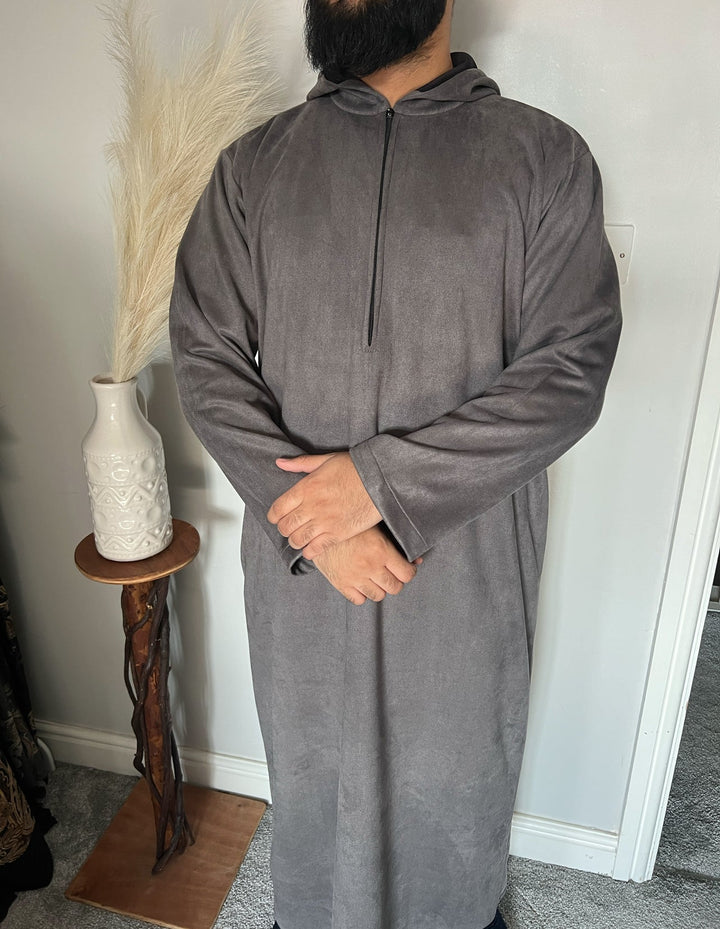 Premium Hooded Suede Grey Thobe - Jiah