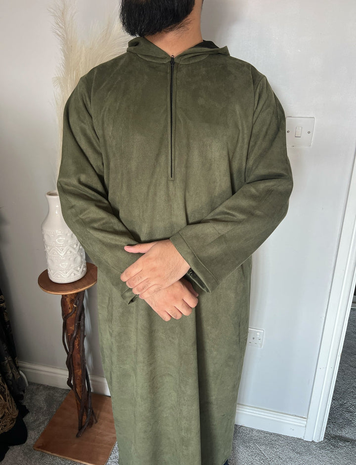 Premium Hooded Suede Thobe Khaki Green - Jiah