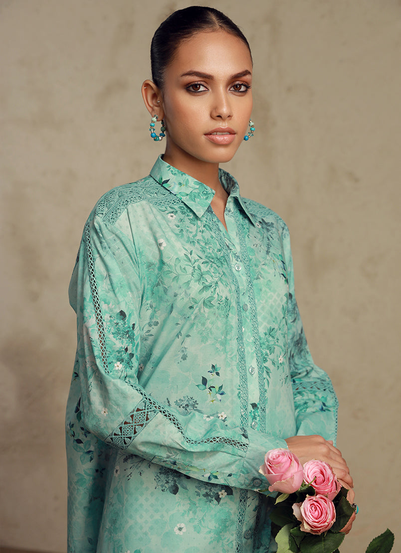 Pure Cotton Teal Stitched Suit - Image