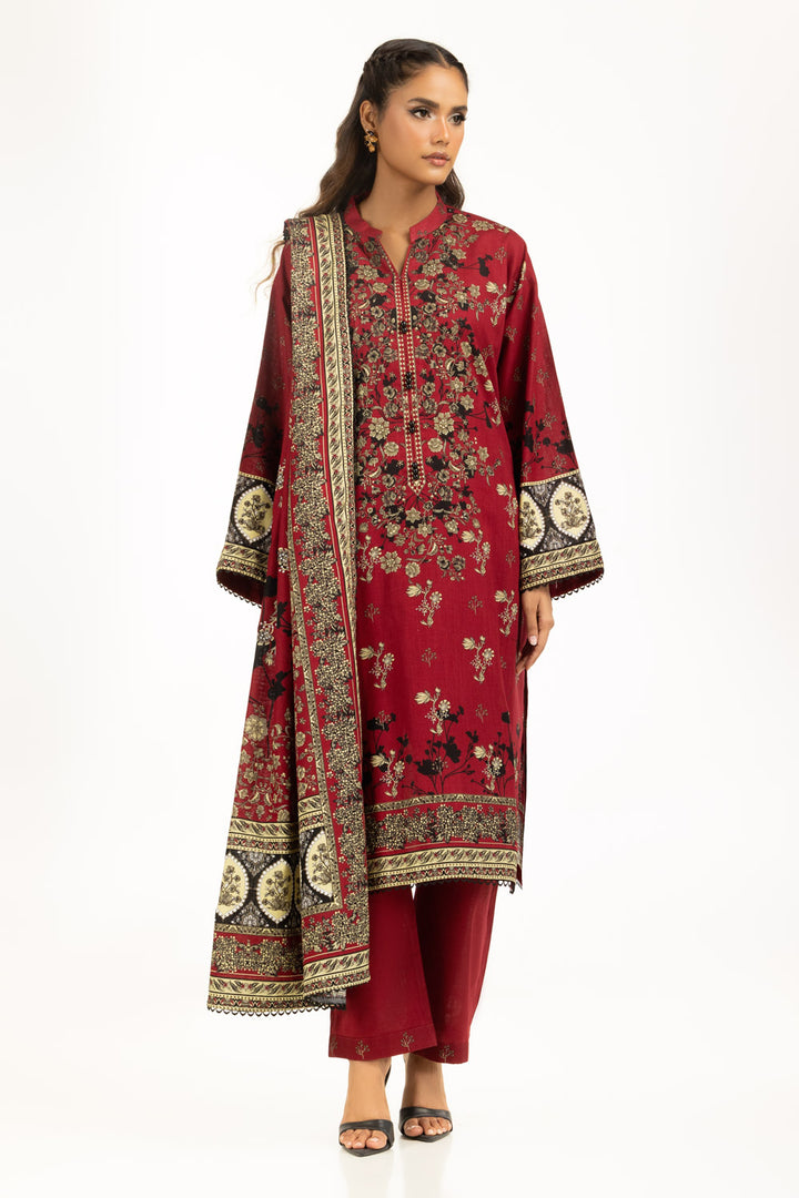 Khaddar Printed Maroon Stitched Suit - Gul Ahmed