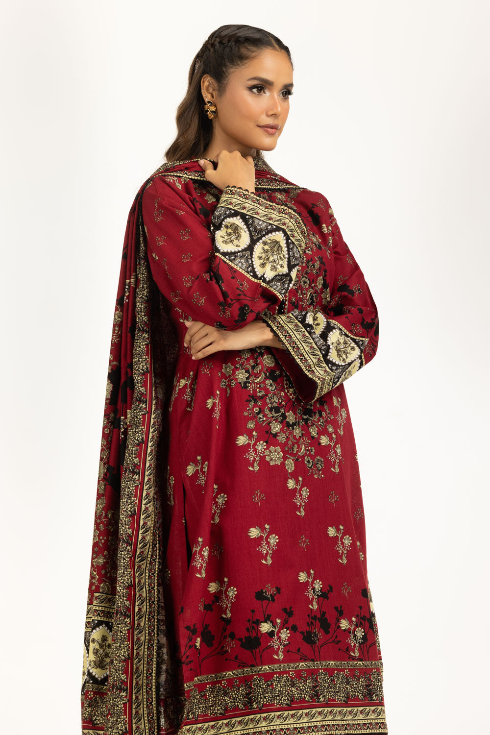 Khaddar Printed Maroon Stitched Suit - Gul Ahmed