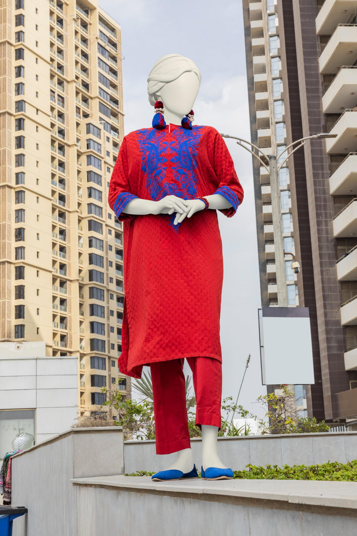 Textured Red Kurti - J. Junaid Jamshed