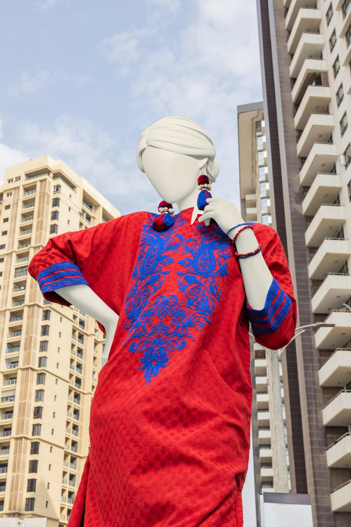 Textured Red Kurti - J. Junaid Jamshed