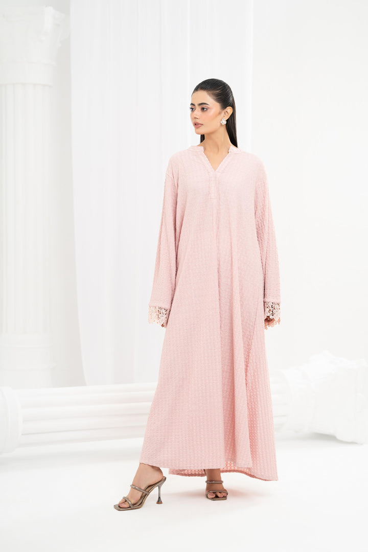 Textured Jersey Lace Cuff Dress – Soft Pink
