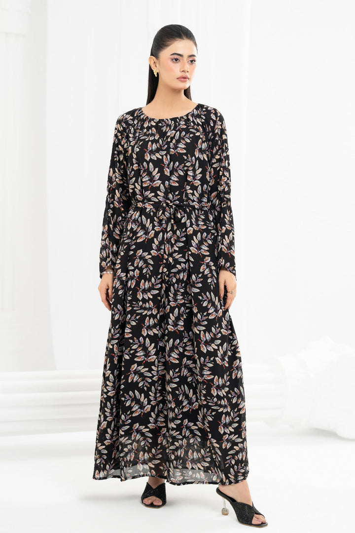 Black Printed Tie Waist Dress