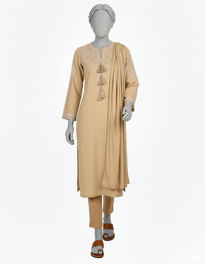 Dobby Beige Stitched Suit - J. Junaid Jamshed