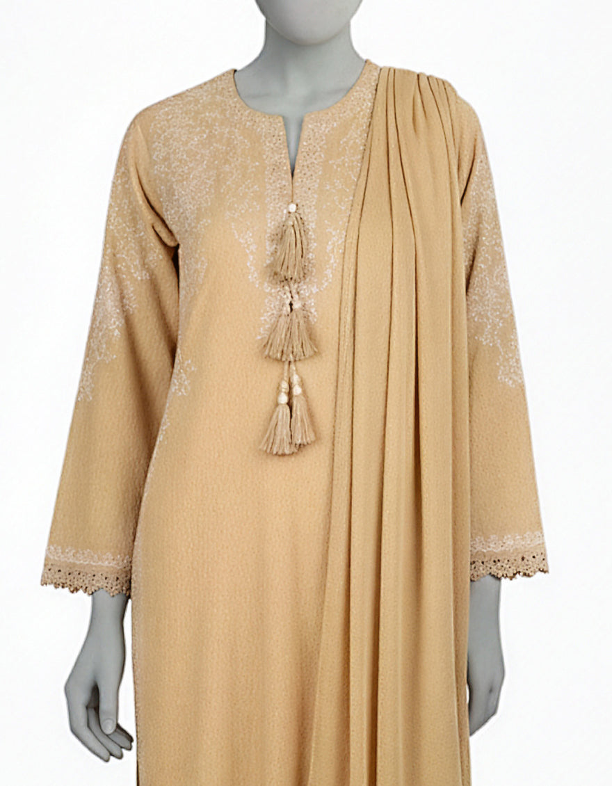 Dobby Beige Stitched Suit - J. Junaid Jamshed