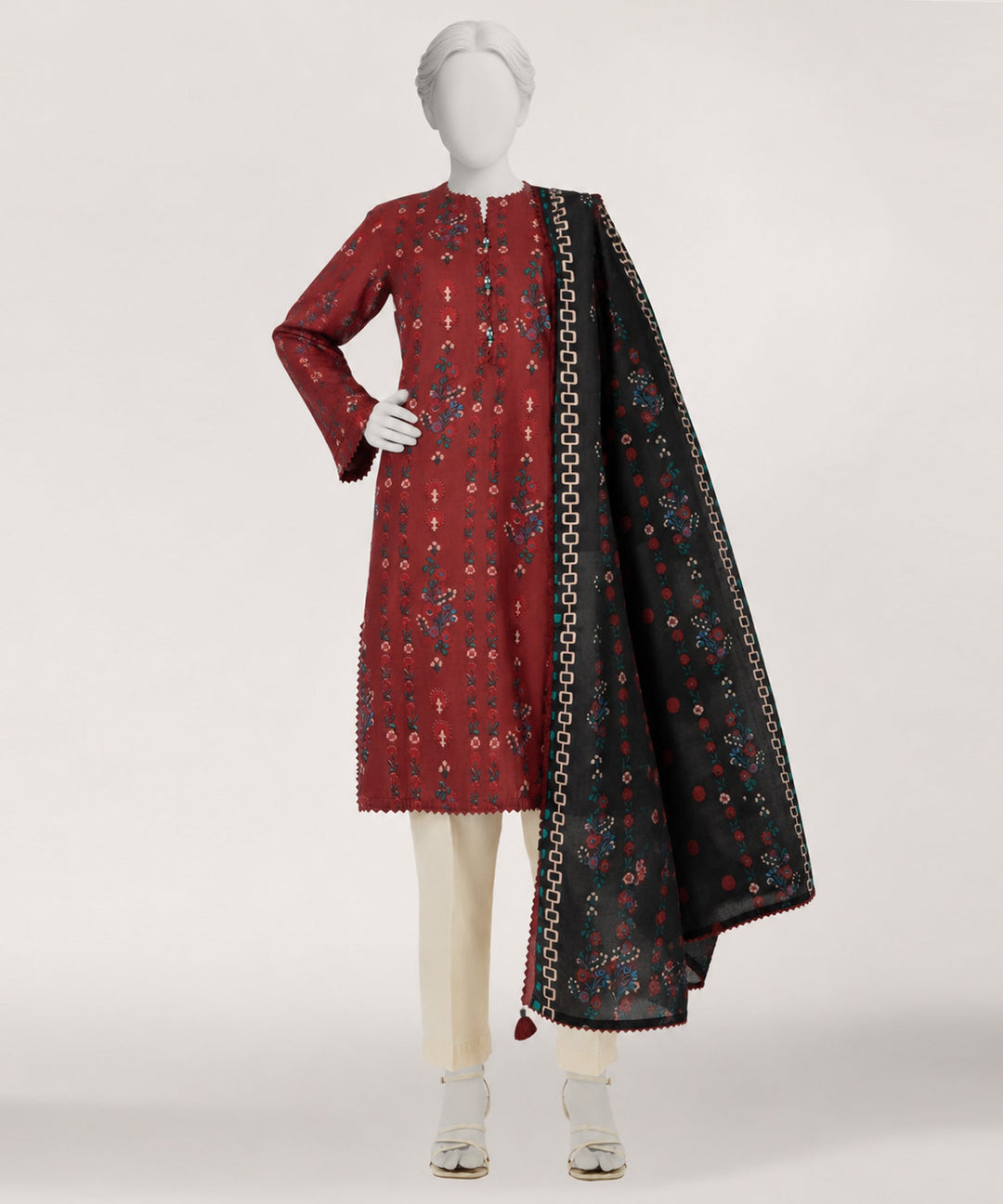 Dobby Maroon Stitched Suit - J. Junaid Jamshed