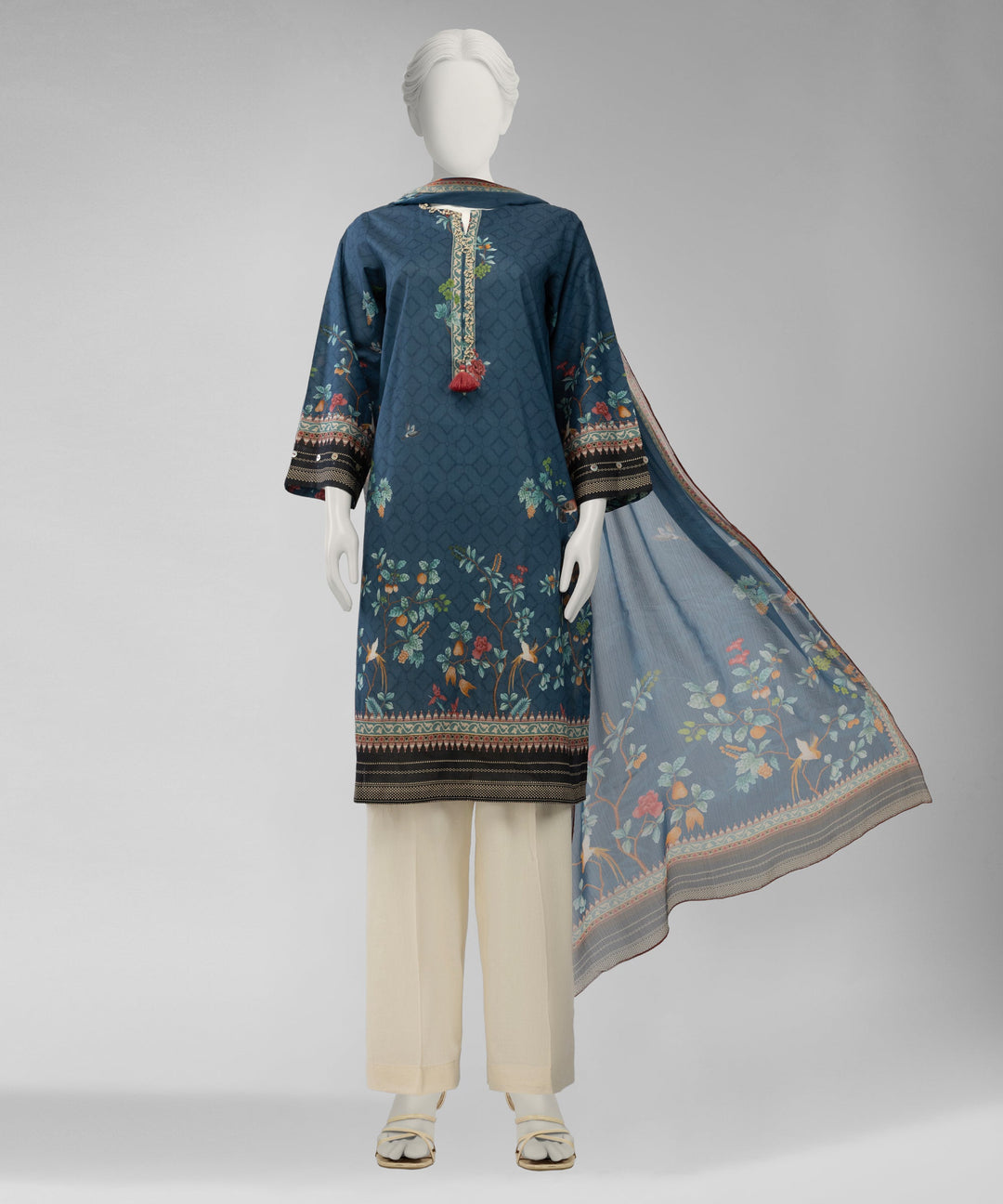 Lawn Blue Unstitched Suit - J. Junaid Jamshed