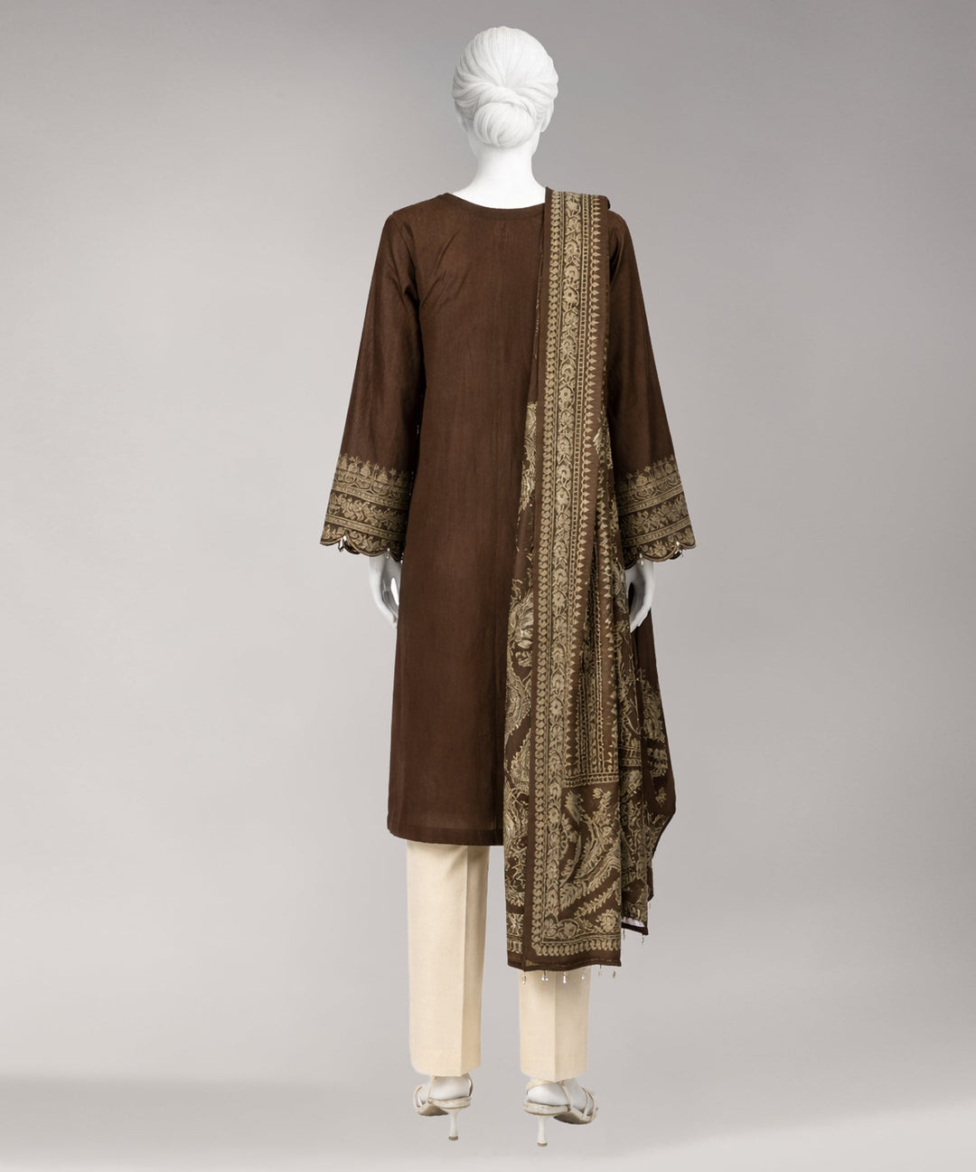 Jacquard Brown Unstitched Suit - J. Junaid Jamshed