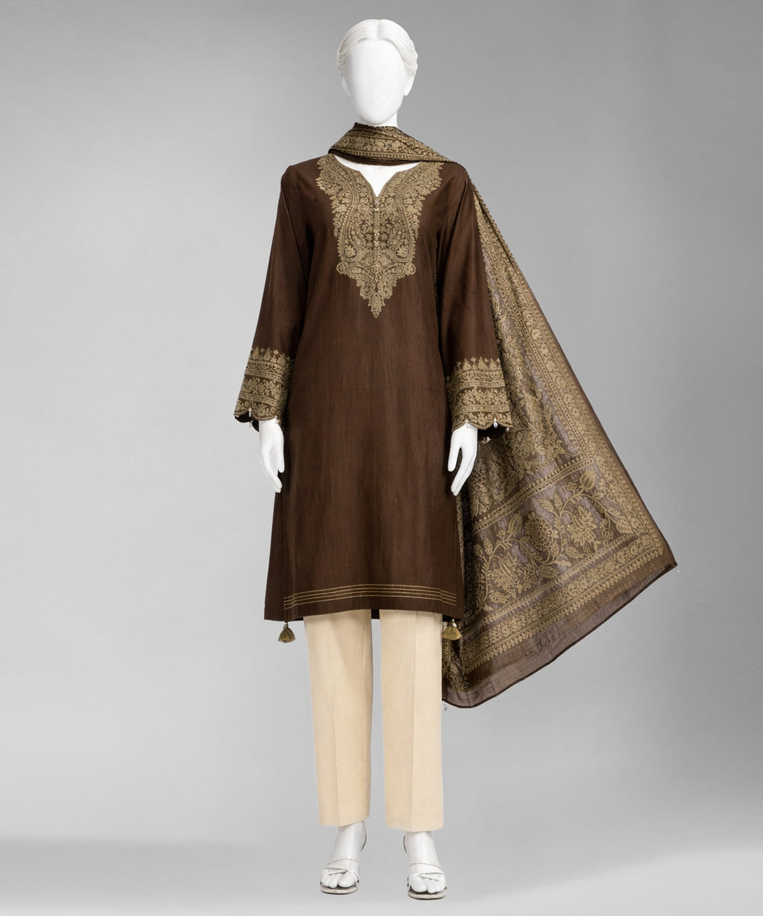 Jacquard Brown Unstitched Suit - J. Junaid Jamshed