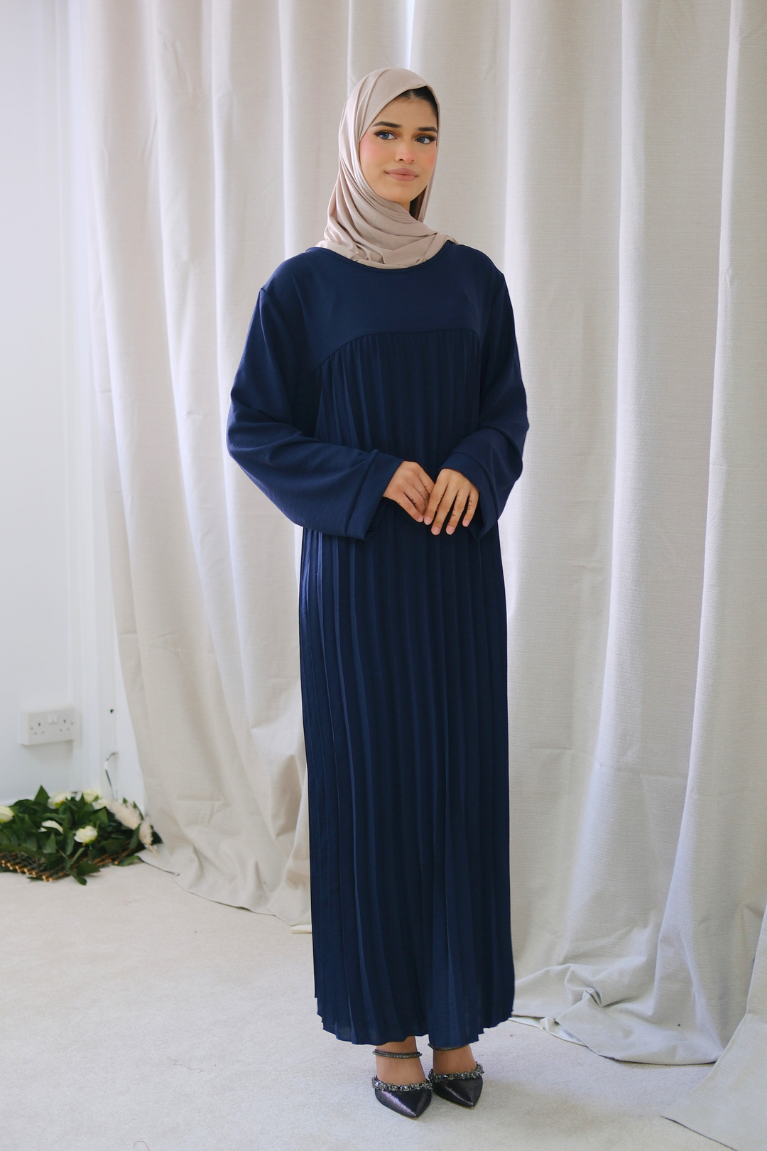 Aria Navy Pleated Dress