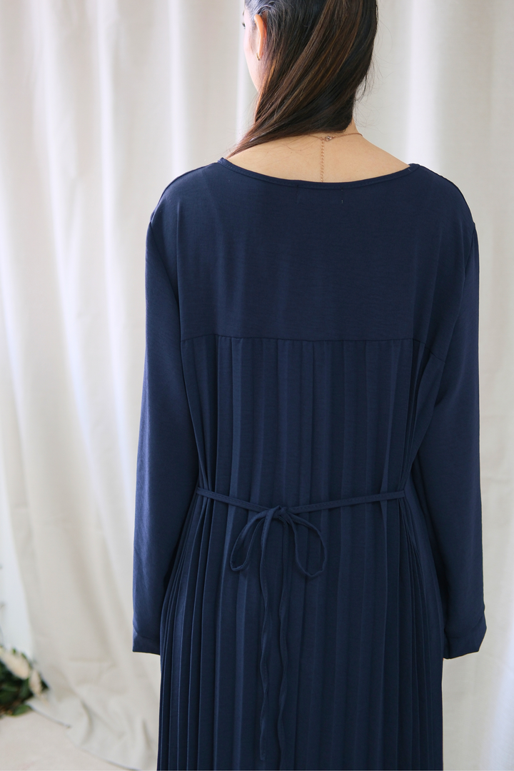 Aria Navy Pleated Dress