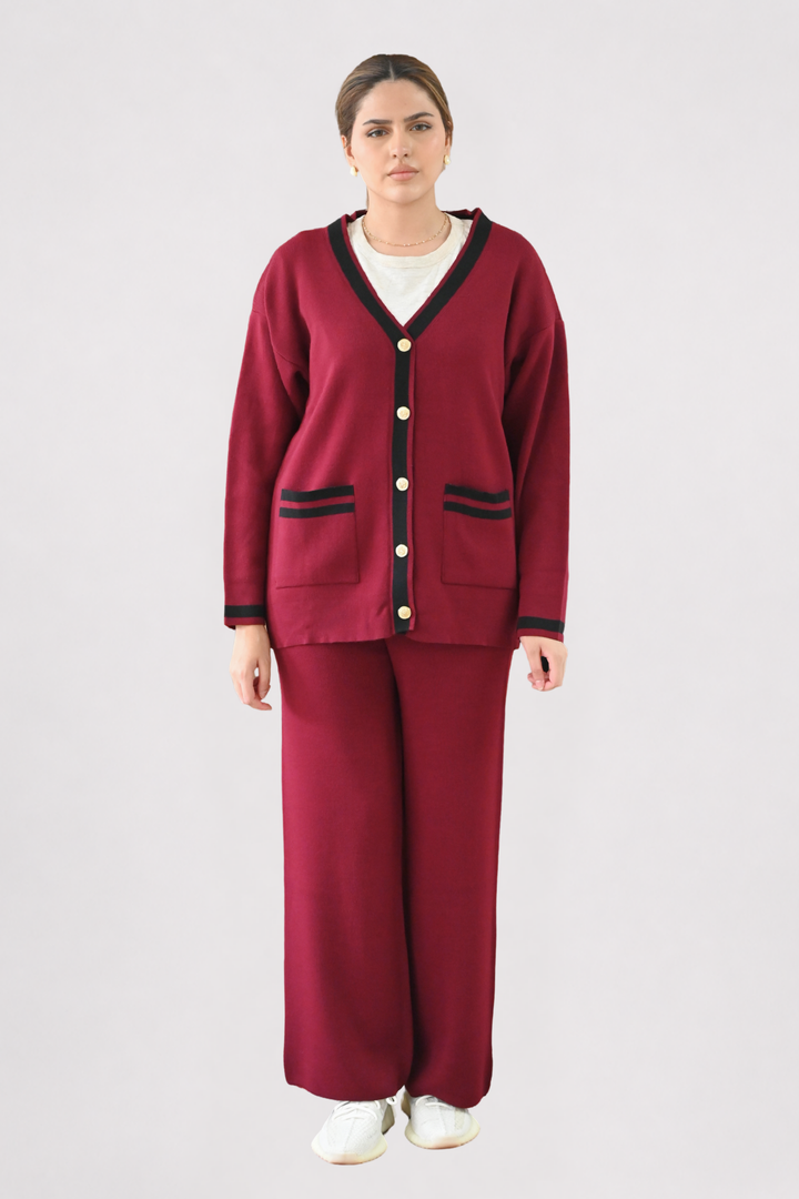 Wine Contrast Trim Knit Co-ord