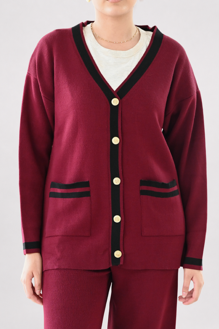 Wine Contrast Trim Knit Co-ord