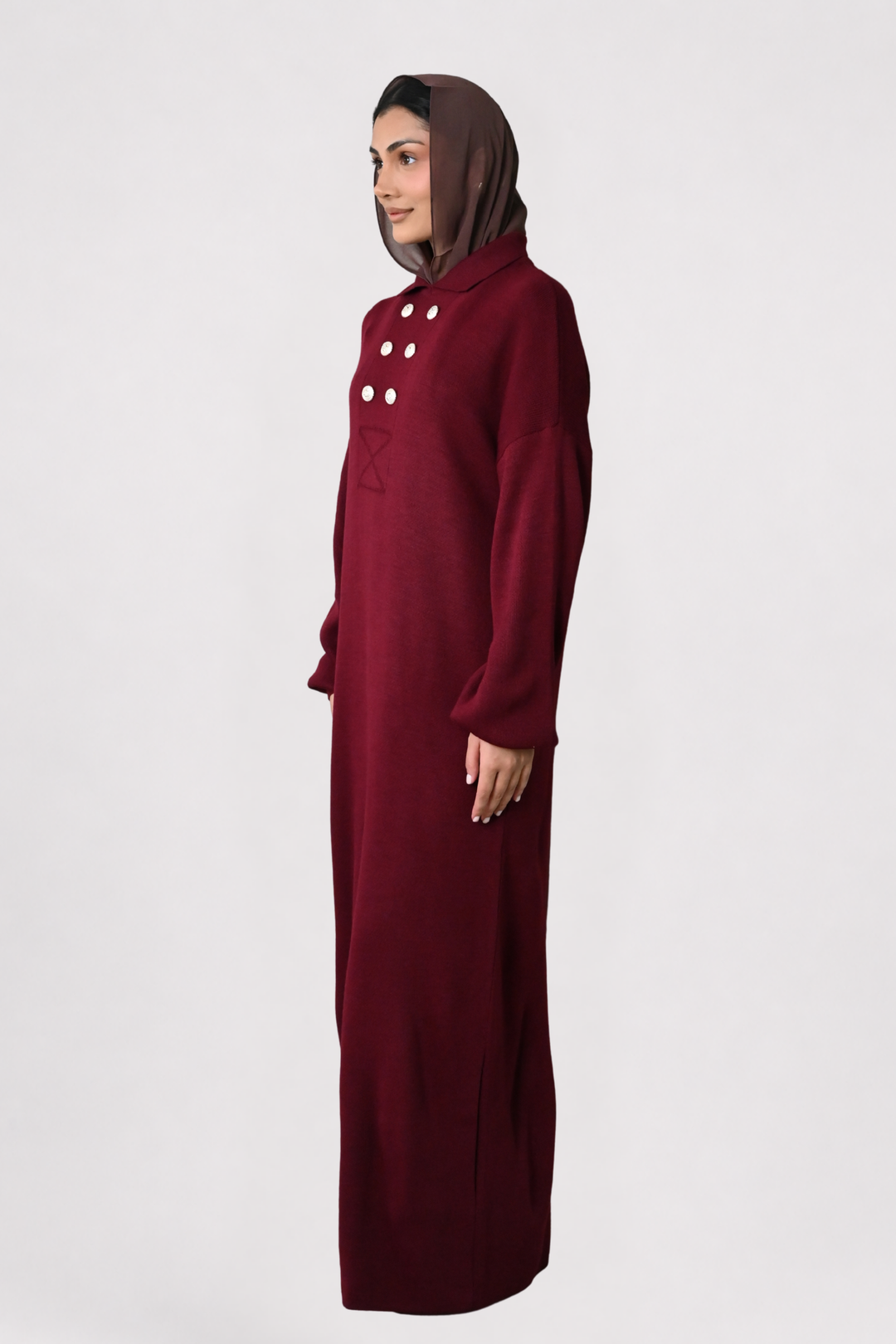 Wine Button Detail Knit Dress