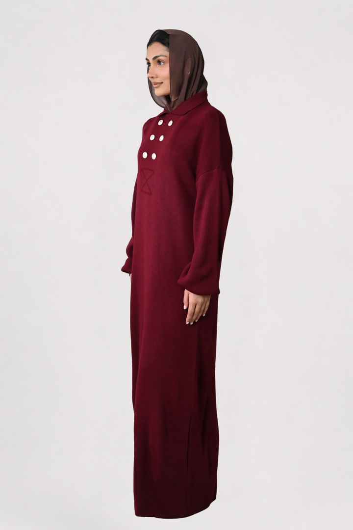 Wine Button Detail Knit Dress