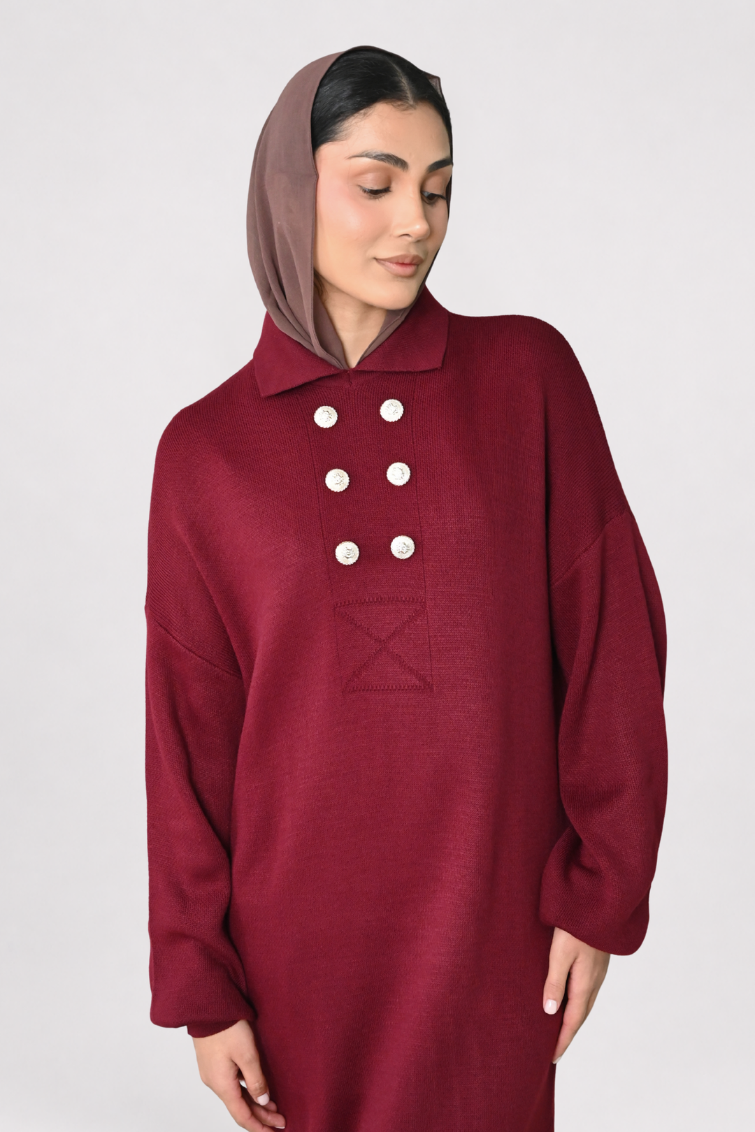 Wine Button Detail Knit Dress