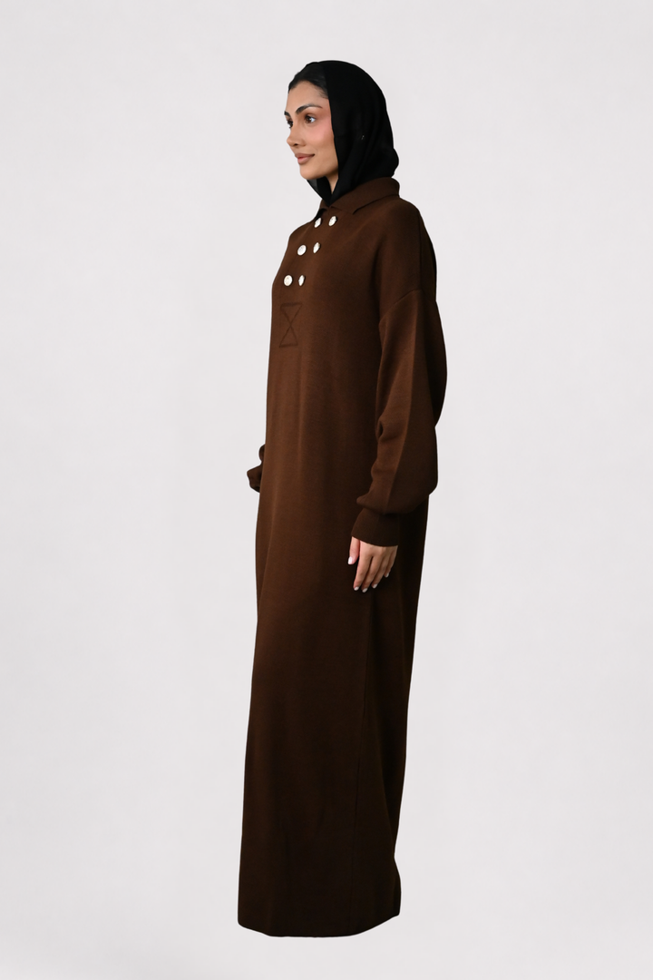 Brown Button Detail Knit Dress