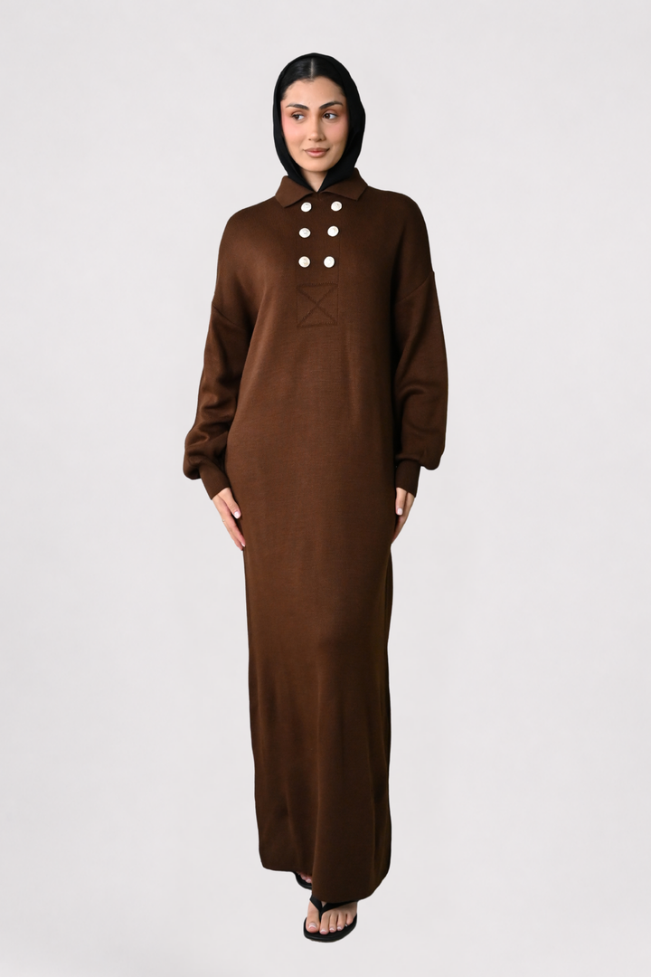 Brown Button Detail Knit Dress