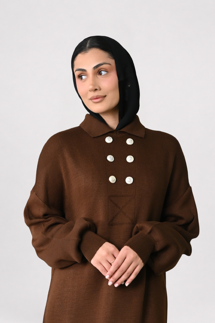 Brown Button Detail Knit Dress