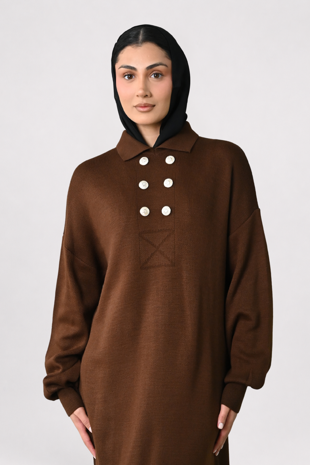 Brown Button Detail Knit Dress
