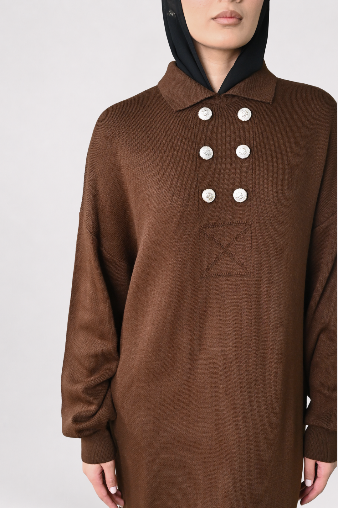 Brown Button Detail Knit Dress
