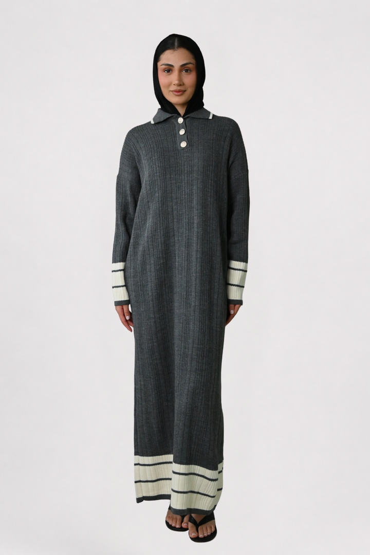 Grey Contrast Rib Knit Dress