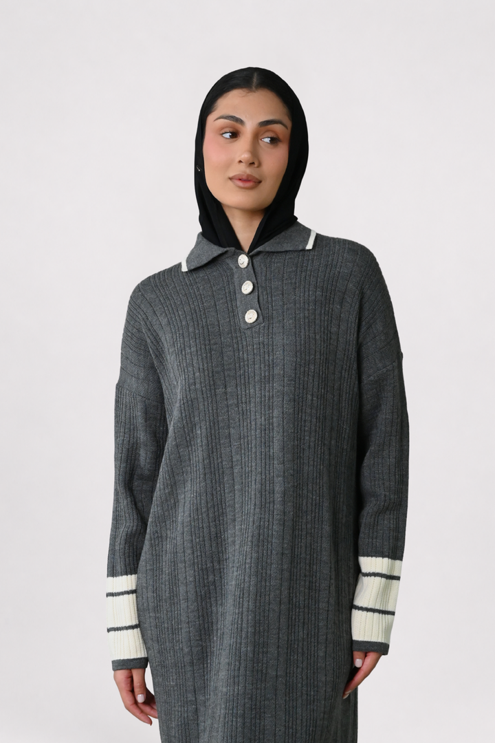 Grey Contrast Rib Knit Dress